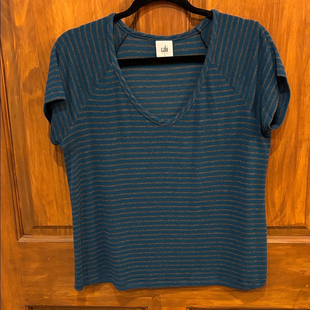 CAbi Teal and Gray Striped Short Sleeve Tee